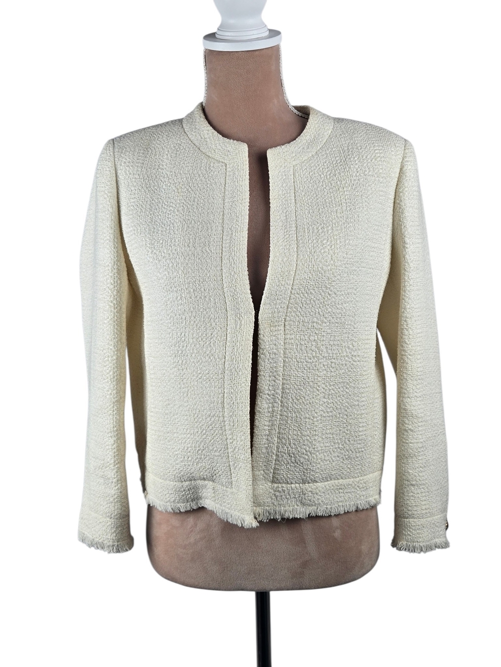 Babaton Tweed Boucle Jacket Fringe Trim Cropped Cotton Linen Cream XXS